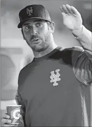  ?? KATHY WILLENS/AP FILE PHOTO ?? Mets starting pitcher Matt Harvey gestures from the dugout during a game against the St. Louis Cardinals on July 17 at Citi Field in New York. The ex-Fitch star, who missed most of the 2017 season with a stress injury to his right scapula, is expected...