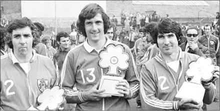  ??  ?? October 29, 1975, was another stand-out day in Mick Wallace’s love affair with the beautiful game. Republic of Ireland trio Paddy Mulligan, Don Givens (scorer of all four goals) and the recently-deceased Tony Dunne before the Euro 1976 qualifier against Turkey in Dalymount Park.