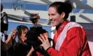  ?? ?? Rachael Blackmore shows off the famous trophy after victory on A Plus Tard in the Gold Cup. Photograph: Tom Jenkins/The Guardian