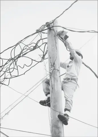  ?? (Photo by Keno George) ?? A GPL linesman disconnect­ing an illegal connection that was attached directly to the power line.