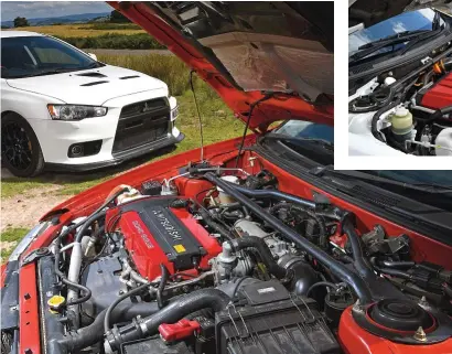  ??  ?? Turbo twin-cams share DNA; 440bhp unit in the newer car (right) has MIVEC variable valve timing and makes 412lb ft of torque to the Evolution VI’S 203lb ft