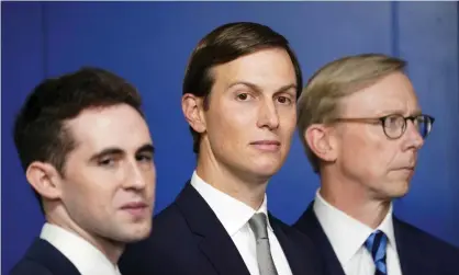  ??  ?? Trump’s son-in-law and White House adviser Jared Kushner, centre, at a press briefing on the Israel-UAE agreement on 13 August. Photograph: Kevin Lamarque/Reuters