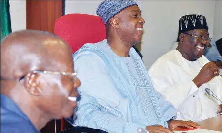  ?? Julius Atoi ?? National Chairman, All Progressiv­es Congress (APC), Adams Oshiomhole; President of the Senate, Bukola Saraki and Senate Leader, Ahmed Lawan, during a meeting between Senate Caucus of APC and National Working Committee (NWC) members of the party held in...