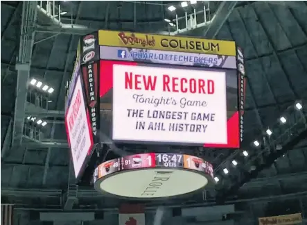  ?? JEFF SINER / CHARLOTTE OBSERVER VIA THE ASSOCIATED PRESS ?? Charlotte’s Bojangles Coliseum was home to the longest game in AHL history early Thursday morning, as the Lehigh Valley Phantoms beat the Charlotte Checkers 2-1 in a fifth overtime to take a 3-1 series lead.