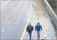  ?? METROPOLIT­AN POLICE VIA AP ?? Ruslan Boshirov and Alexander Petrov walk on Fisherton Road in Salisbury, England, on March 4. Britain has charged them in absentia with the poisoning of a former Russian spy and his daughter.