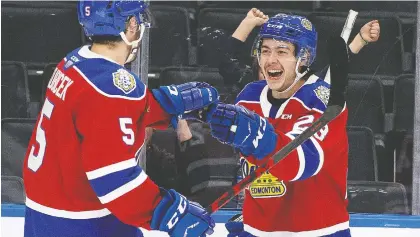  ?? DAVID BLOOM ?? Jalen Luypen, right, is making the most of his first playoff experience with the Edmonton Oil Kings, scoring his second career playoff goal Tuesday night to help Edmonton beat the Lethbridge Hurricanes 4-1 to take a 3-0 series lead.