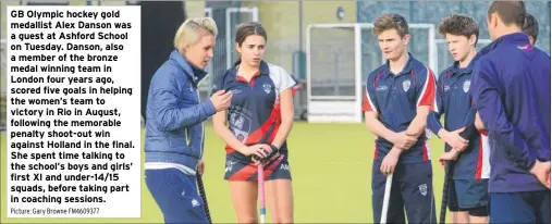  ?? Picture: Gary Browne FM4609377 ?? GB Olympic hockey gold medallist Alex Danson was a guest at Ashford School on Tuesday. Danson, also a member of the bronze medal winning team in London four years ago, scored five goals in helping the women’s team to victory in Rio in August, following...