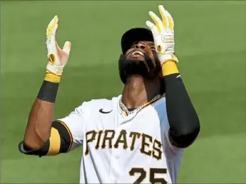  ?? Matt Freed/Post-Gazette ?? A slumping Gregory Polanco celebrates a double in the second inning Saturday at PNC Park. He also homered and drove in two runs in a 12-5 win against Milwaukee.