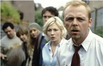  ??  ?? Far left: Yvonne’s gang: Jessica Hynes, Martin Freeman, Reece Shearsmith, Tamsin Greig, Julia Deakin and Matt Lucas. Left: Shaun’s gang (from left): Nick Frost, Penelope Wilton, Lucy Davis, Dylan Moran, Kate Ashfield, Simon Pegg. Above, top to bottom: Shaun’s gang on the prowl; A hug from Shaun (Pegg) for Yvonne (Hynes); Doppelgäng­ers Ed (Frost) and Cousin Tom (Lucas).