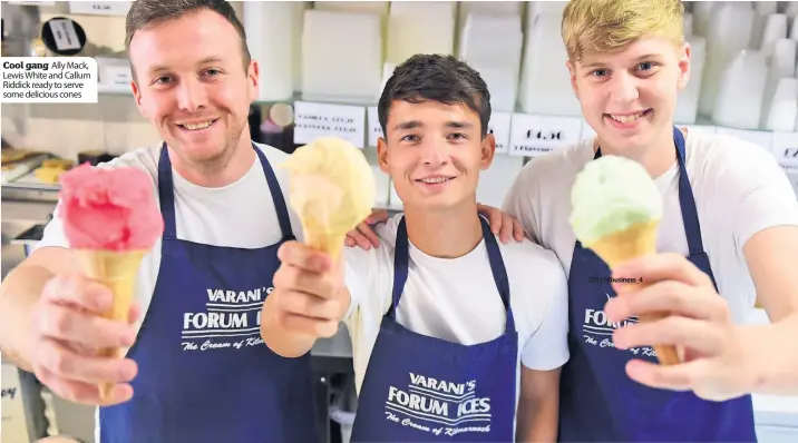  ??  ?? Cool gang Ally Mack, Lewis White and Callum Riddick ready to serve some delicious cones 221118busi­ness_ 4