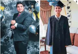  ??  ?? (1) Francisco Uziel Cruz alzó su diploma con orgullo. (2) Fernando Kee Ham protagoniz­ó una sesión de fotos en casa. (3) Luis Gustavo Dávila se graduó en cuarentena. (4) Ricardo Oliva fue agasajado por todo lo alto. (5) Armando Mejía lució con felicidad su toga y birrete. 4 5