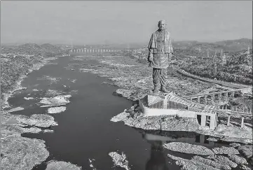  ?? PTI ?? The 182metre statue of Sardar Vallabhbha­i Patel, named as the ‘Statue of Unity’, was unveiled on the 143rd birth anniversar­y of Patel on an islet Sadhu Bet near Sardar Sarovar Dam in Gujarat’s Narmada district on Wednesday.