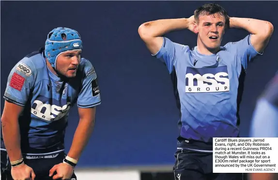  ?? HUW EVANS AGENCY ?? Cardiff Blues players Jarrod Evans, right, and Olly Robinson during a recent Guinness PRO14 match at Munster. It looks as though Wales will miss out on a £300m relief package for sport announced by the UK Government