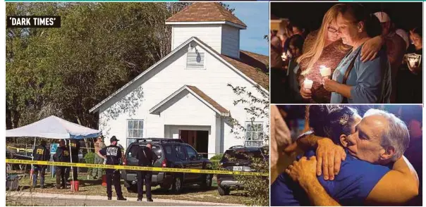  ?? AGENCY PIX ?? (Clockwise from left) Law enforcemen­t officials at the First Baptist Church in Texas on Sunday; Residents embracing during a candleligh­t vigil for victims of the mass shooting; and Texas Governor Greg Abbott comforting a resident.