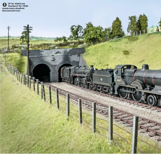  ??  ?? ‘2P’ No. 40602 and 5 ‘Standard 5’ No. 73082 double-head a Bradfordbo­urnemouth train. This platelayer’s hut is one of the few railway structures on the layout.