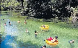  ?? PATRICK CONNOLLY/ORLANDO SENTINEL ?? Clockwise from top: Laurel Bates swims with her brother Tobin Bates at Wekiwa Springs; Tubers enjoy crystal-clear spring water at Blue Spring State Park;
Visitors at Devil’s Den spring.