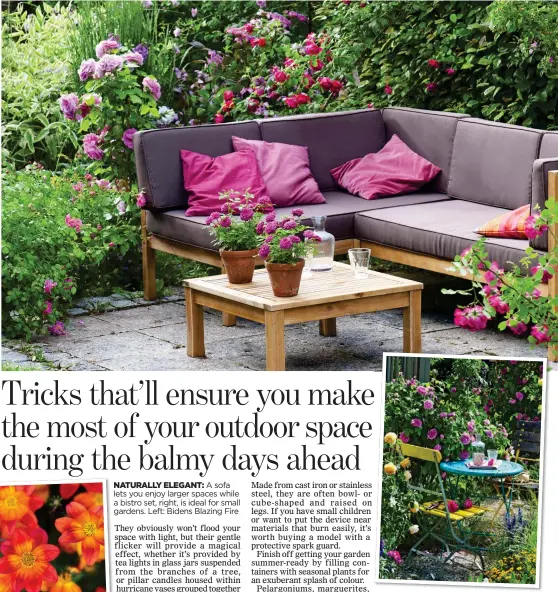  ??  ?? NATURALLY ELEGANT: A sofa lets you enjoy larger spaces while a bistro set, right, is ideal for small gardens. Left: Bidens Blazing Fire
Plants in small pots are ideal centrepiec­es for tables.