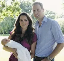  ?? MICHAEL MIDDLETON/AFP/GETTY IMAGES ?? A picture released Monday by Kensington Palace shows Prince William, Duke of Cambridge, his wife Catherine, Duchess of Cambridge, with baby Prince George of Cambridge, at the Middleton family home.