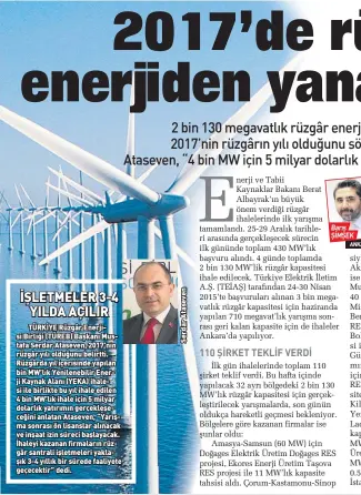  ??  ?? TÜRKİYE Rüzgâr Enerjisi Birliği (TÜREB) Başkanı Mustafa Serdar Ataseven, 2017’nin rüzgâr yılı olduğunu belirtti. Rüzgârda yıl içerisinde yapılan bin MW’lık Yenilenebi­lir Enerji Kaynak Alanı (YEKA) ihalesi ile birlikte bu yıl ihale edilen 4 bin MW’lık...