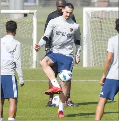  ??  ?? Zlatan Ibrahimovi­c of the Los Angeles Galaxy practices with teammates at StubHub Center in Carson, California. — AFP photo