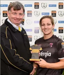  ??  ?? Katrina Parrock of Wexford Youths Women receives her player of the match award from Eddie Ryan of Continenta­l Tyres.