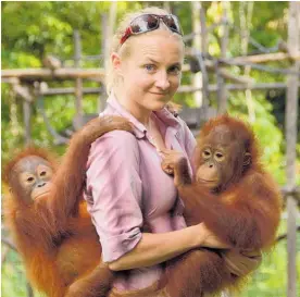  ?? Photo / NHNZ ?? Sally Williams with orphaned orangutans at the Nyaru Menteng Orangutan Rescue and Rehabilita­tion Centre, 2008.