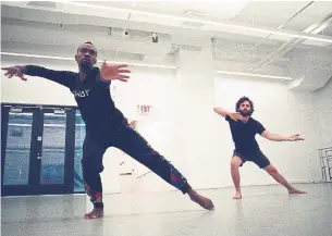  ?? SABRINA SANTIAGO THE NEW YORK TIMES FILE PHOTO ?? Thirty-four-year-old Penn Badgley, right, takes dance lessons with André Zachery, left, his gyrotonics instructor and the artistic director of Renegade Performanc­e Grou in Brooklyn, N.Y.