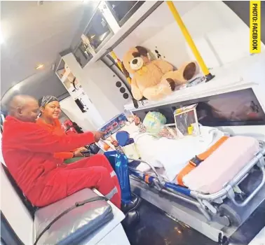  ?? ?? Ndalo-Entle and his mother Cleodene, travelled back home to Gauteng in a private ambulance after a gruelling two-week hospital stay, thanks to IPSS Medical Services.