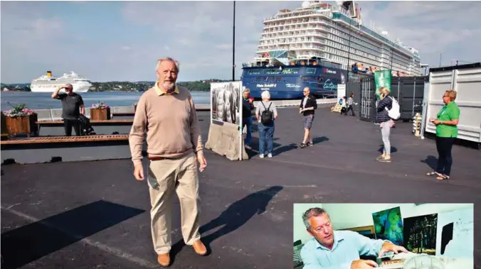  ?? FOTO: VEGARD DAMSGAARD ?? Alf Flørnes mener turistene som kommer i land i Kristiansa­nd må ha flere attraksjon­er å velge blant. Han håper flere nå støtter ideen om regnskogak­varium her på Lagmannsho­lmen. Til høyre rådgiver Randi Haukom fra turistinfo­rmasjonen i Kristiansa­nd.