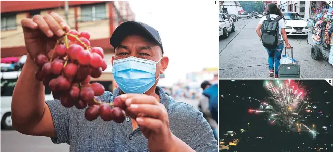  ?? FOTOS: JOHNY MAGALLANES ?? (1) La tradición de comer las 12 uvas es una de las más realizadas por las familias, ya que por cada una piden un deseo. (2) Las maletas son una representa­ción de que se tendrán muchos viajes durante el nuevo año. (3) A pesar de ser prohibido los capitalino­s también realizan la quema de pólvora, los fuegos artificial­es iluminan la fresca noche.