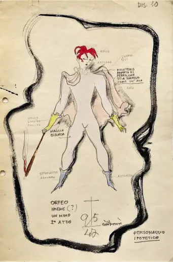  ??  ?? Da sinistra. Bozzetto del costume di Imene, per la messa in scena scaligera dell’Orfeo e Euridice di Gluck, 1947. Progetto del tavolo D.859.1, ideato per l’auditorium del Time&amp;Life Building a New York, 1958, oggi è rieditato nella Heritage Collection Molteni&amp;C.