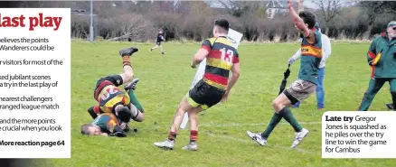  ??  ?? Late try Gregor Jones is squashed as he piles over the try line to win the game for Cambus