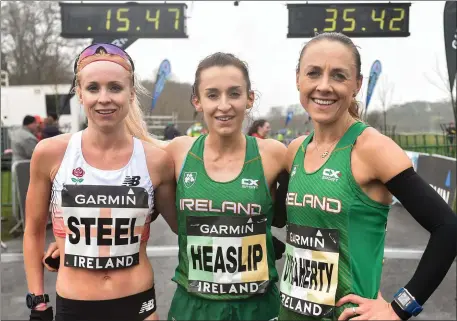  ??  ?? First place woman, Shona Heaslip, centre, second placed Kerry O’Flaherty of Newcastle & District AC, right, and third placed Gemma Steel after the Great Ireland Run and AAI National 10k at the Phoenix Park in Dublin. Photo by Sportsfile