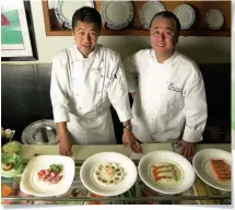  ??  ?? Above: Nobu (right) with Chef Tamba of Crystal Serenity’s Sushi Bar; Above right: Nobu Tuna Tartare with Caviar