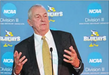  ?? PAT EATON-ROBB/AP PHOTO ?? In this Sept. 28, 2017 file photo, Hall of Fame basketball coach Jim Calhoun speaks after he was introduced at the University of Saint Joseph in West Hartford.