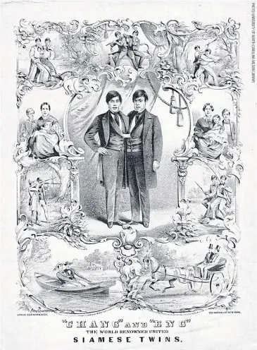  ??  ?? RIGHT
A 19th-century advertisem­ent for the twins, Eng, left, and Chang.