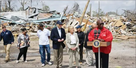  ?? Photo: Contribute­d ?? Hardest hit…US President Joe Biden and first lady Jill Biden listen to Rolling Fork Mayor Eldridge Walker speak during a press conference in a storm-stricken area on March 31, 2023.