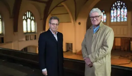  ?? NICK KOZAK FOR THE TORONTO STAR ?? Standing in Deer Park United Church, David Feldman, left, president of Camrost-Felcorp, and architect Donald Schmitt came up with the “pretty unusual idea” to remove the church’s roof but use its walls to create a courtyard, right, for new condo tower...