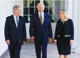  ?? (Evelyn Hockstein/Reuters) ?? US PRESIDENT Joe Biden, Sweden’s Prime Minister Magdalena Andersson and Finland’s President Sauli Niinisto walk to the Oval Office at the White House, last week.