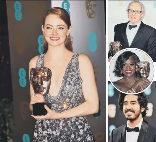  ?? PICTURES: PA. ?? BIG NIGHT: Emma Stone with her award; from top, Ken Loach, winner of outstandin­g British Film for I, Daniel Blake; Viola Davis, best supporting actress for Fences; and Dev Patel, best supporting actor for Lion. A huge round of applause went through the...