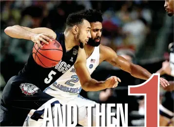  ?? Associated Press ?? above Gonzaga’s Nigel Williams-Goss drives against North Carolina’s Joel Berry II on Monday during the first half of the national championsh­ip game in Glendale, Ariz.