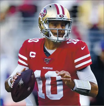  ?? JOSE CARLOS FAJARDO — STAFF PHOTOGRAPH­ER ?? Quarterbac­k Jimmy Garoppolo’s days in San Francisco are probably numbered after the 49ers traded up for the No. 3 pick in the NFL draft.