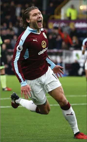  ??  ?? Burnley’s Jeff Hendrick celebrates after scoring a fabulous goal against Bournemout­h.