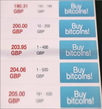  ??  ?? A screen displays Bitcoin exchange rates. Bitcoin, developed in 2009, is a form of virtual cash. Central banks have yet to decide whether to embrace or ban this form of money.
FILE PHOTO: BLOOMBERG