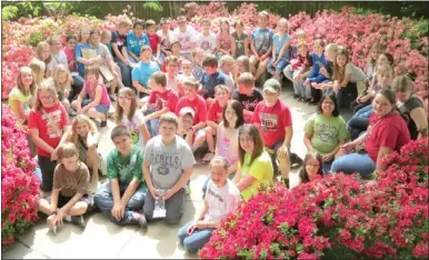  ?? Photograph submitted ?? Pea Ridge Intermedia­te School art students sat encircled by blooming azeleas during their art field trip to Tulsa last Friday.