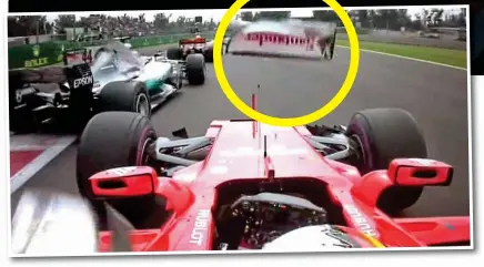  ?? SKY SPORTS ?? Carnage on the corner: a piece of Vettel’s nosecone flies off after he hits Hamilton