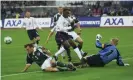  ??  ?? Heskey causes panic in the Germany defence during England’s famous 5-1 win. Photograph: Tom Jenkins/The Guardian