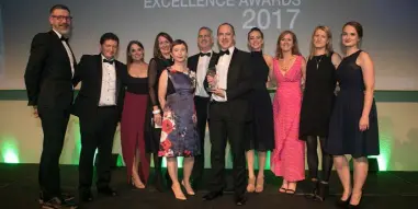  ??  ?? Carole Pollard, president, RIAI, fourth from left after presenting the award to Pat Kirwan, Niamh Joyce, David Owens, Colette Byrnes, Miriam Corcoran, and Steve Casey representi­ng Henry J Lyons