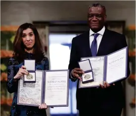  ?? Foto: tt-NtB
ScaNpix/LarSeN, HåkoN MoSvoLd ?? Den yazidiska människorä­ttsaktivis­ten Nadia Murad från Irak och den■ kongolesis­ka läkaren Denis Mukwege tar emot Nobels fredspris.