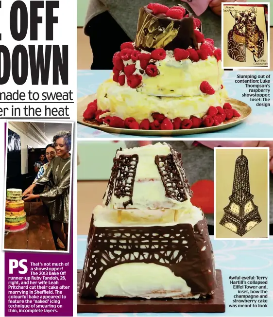  ??  ?? Slumping out of contention: Luke Thompson’s raspberry showstoppe­r. Inset: The design Awful eyeful: Terry Hartill’s collapsed Eiffel Tower and, inset, how the champagne and strawberry cake was meant to look